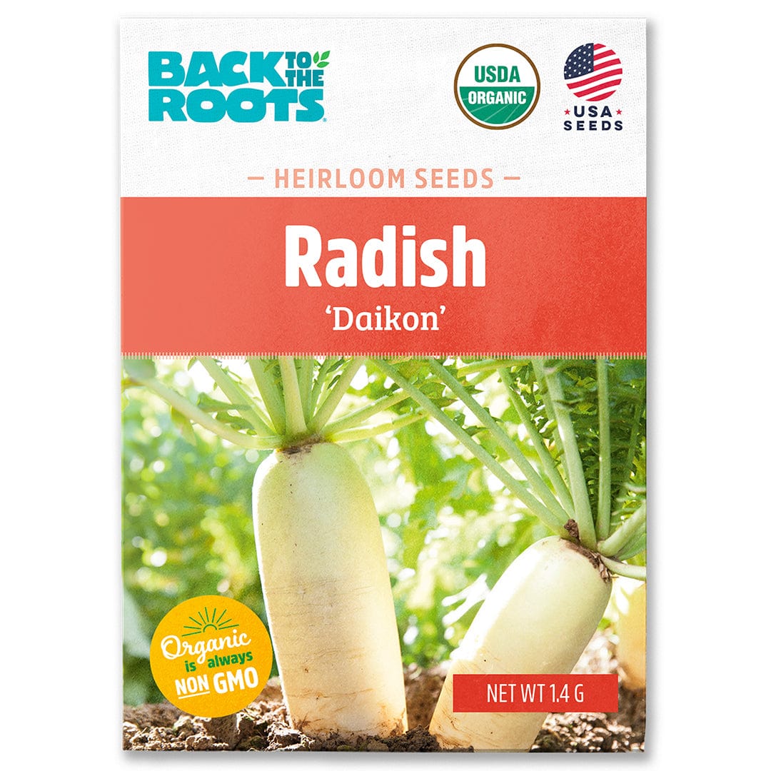 Organic Daikon radish seeds packet with photo of white radishes and green leaves on front. - Organic Radish Seeds — 'Daikon' - Default Title - Back to the Roots