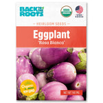 Packet of USDA organic Rosa Bianca eggplant seeds featuring purple and white heirloom eggplants on the front. - Organic Eggplant Seeds — 'Rosa Bianca' - Default Title - Back to the Roots