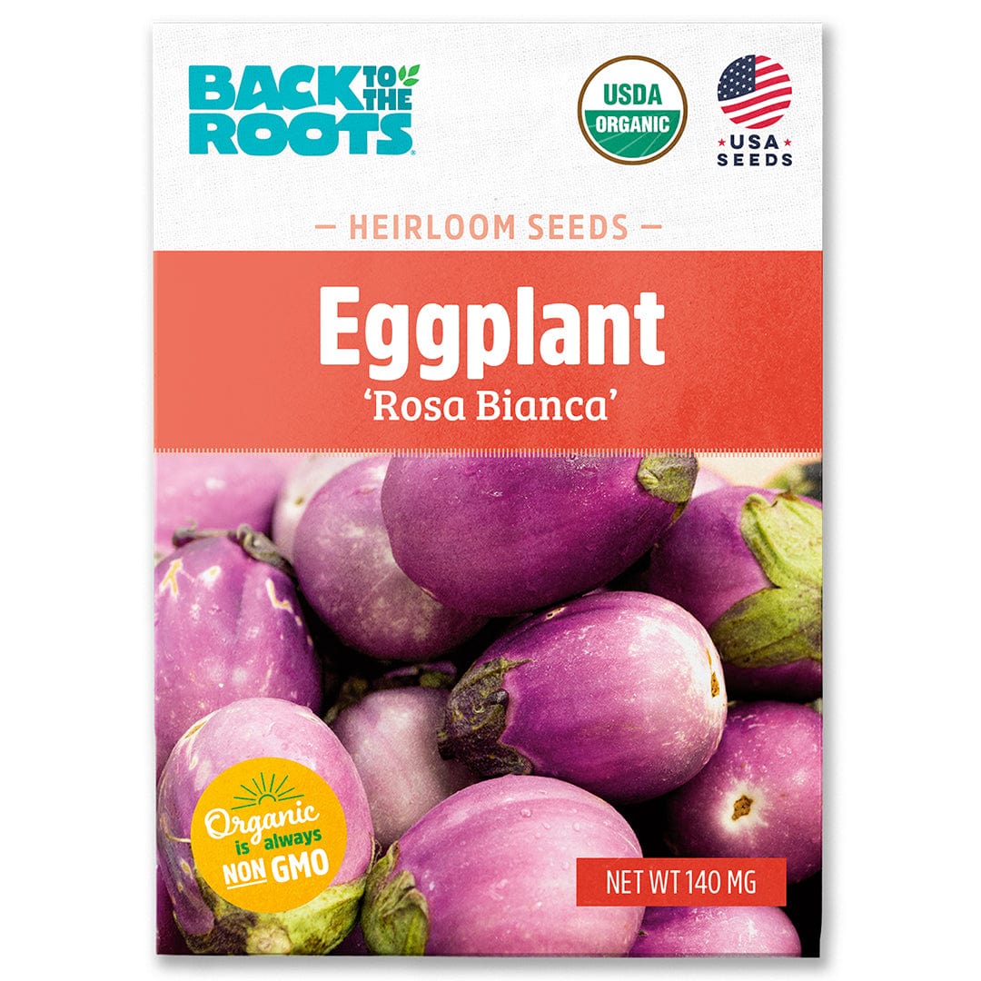 Packet of USDA organic Rosa Bianca eggplant seeds featuring purple and white heirloom eggplants on the front. - Organic Eggplant Seeds — 'Rosa Bianca' - Default Title - Back to the Roots