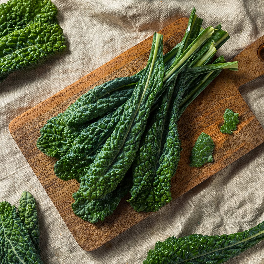 Bunch of dark green Lacinato kale leaves with textured surface on wooden board. - Organic Kale Seeds — 'Lacinato/Dinosuar' - Default Title - Back to the Roots