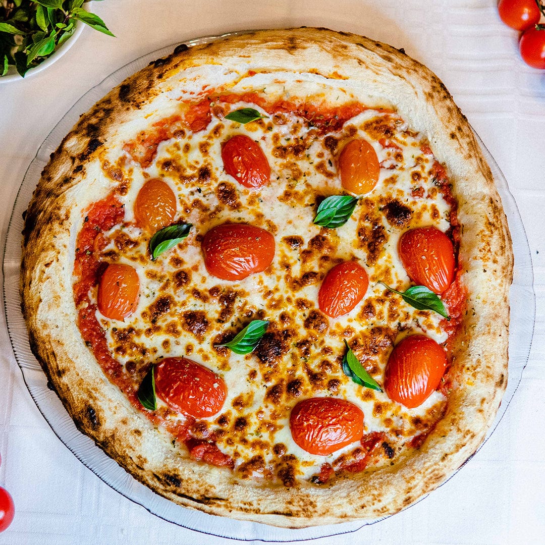 Wood-fired pizza topped with melted cheese, San Marzano tomatoes, and fresh basil leaves. - Organic Tomato Seeds — 'San Marzano' - Default Title - Back to the Roots