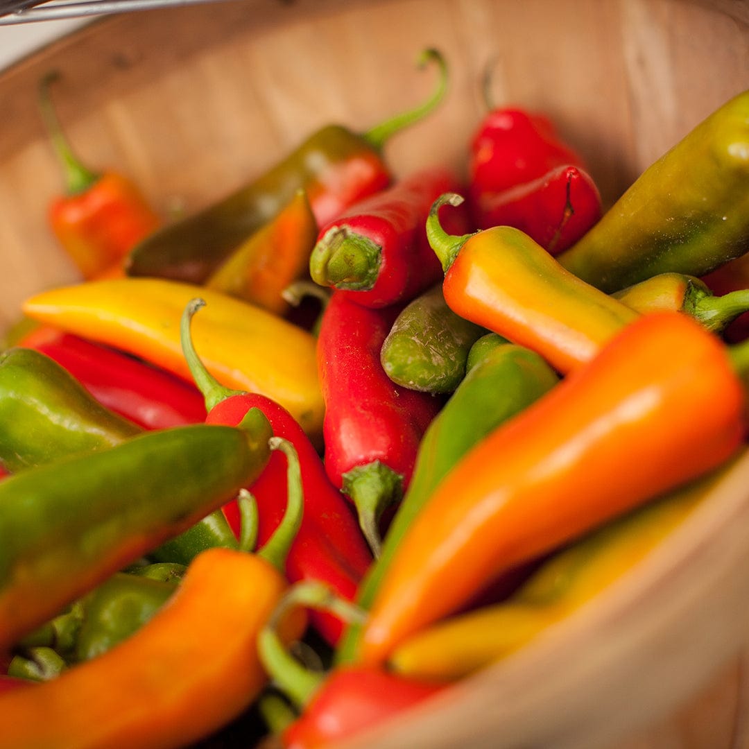 Colorful mix of fresh red, orange, yellow, and green hot peppers in a wooden bowl. - Organic Pepper Seeds — 'Hot Pepper Mix' - Default Title - Back to the Roots