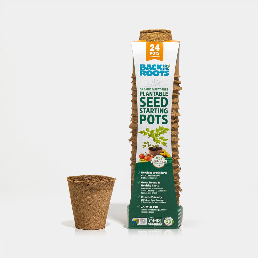 Biodegradable 2.4-inch brown seed starting pot next to tall rectangular packaging with green and white label. - Organic & Plantable 2.4" Seed Starting Pots (24 ct) - Default Title - Back to the Roots