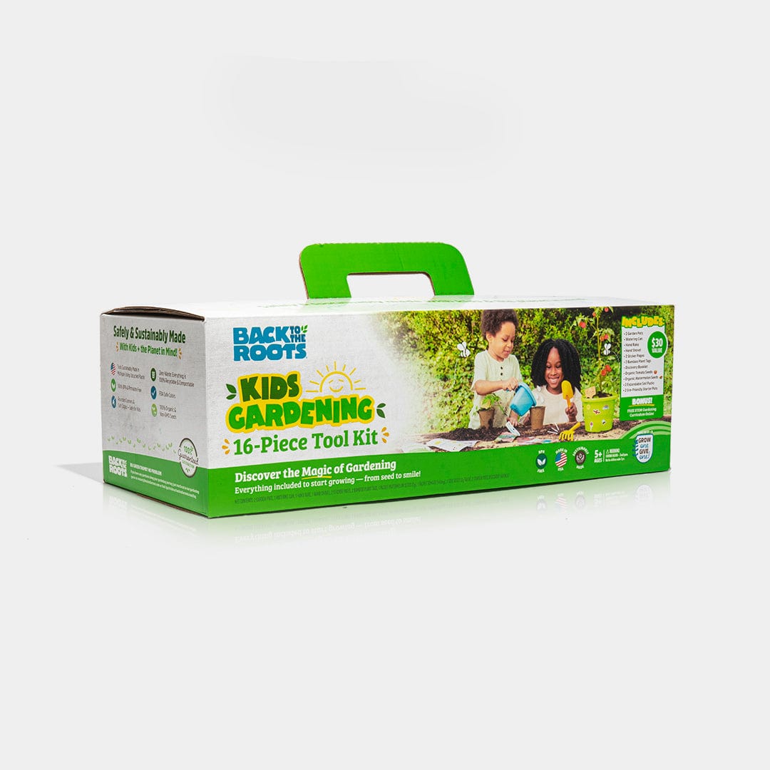 Rectangular box of the Back to the Roots Kids Gardening 16-Piece Kids Tool Kit, featuring images of children gardening and product details—an ideal organic garden kit for young, eco-conscious gardeners.