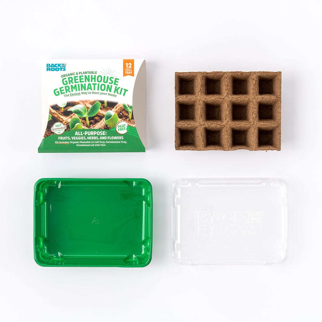 Greenhouse germination kit with 12-cell organic peat tray, green base, and clear lid. - Greenhouse Germination Kit (Organic & Plantable, 12-Cell Tray) - Default Title - Back to the Roots