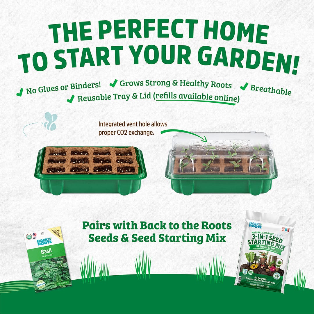 Green 12-cell seed starter tray with clear plastic ventilated lid and soil pods for germination. - Greenhouse Germination Kit (Organic & Plantable, 12-Cell Tray) - Default Title - Back to the Roots