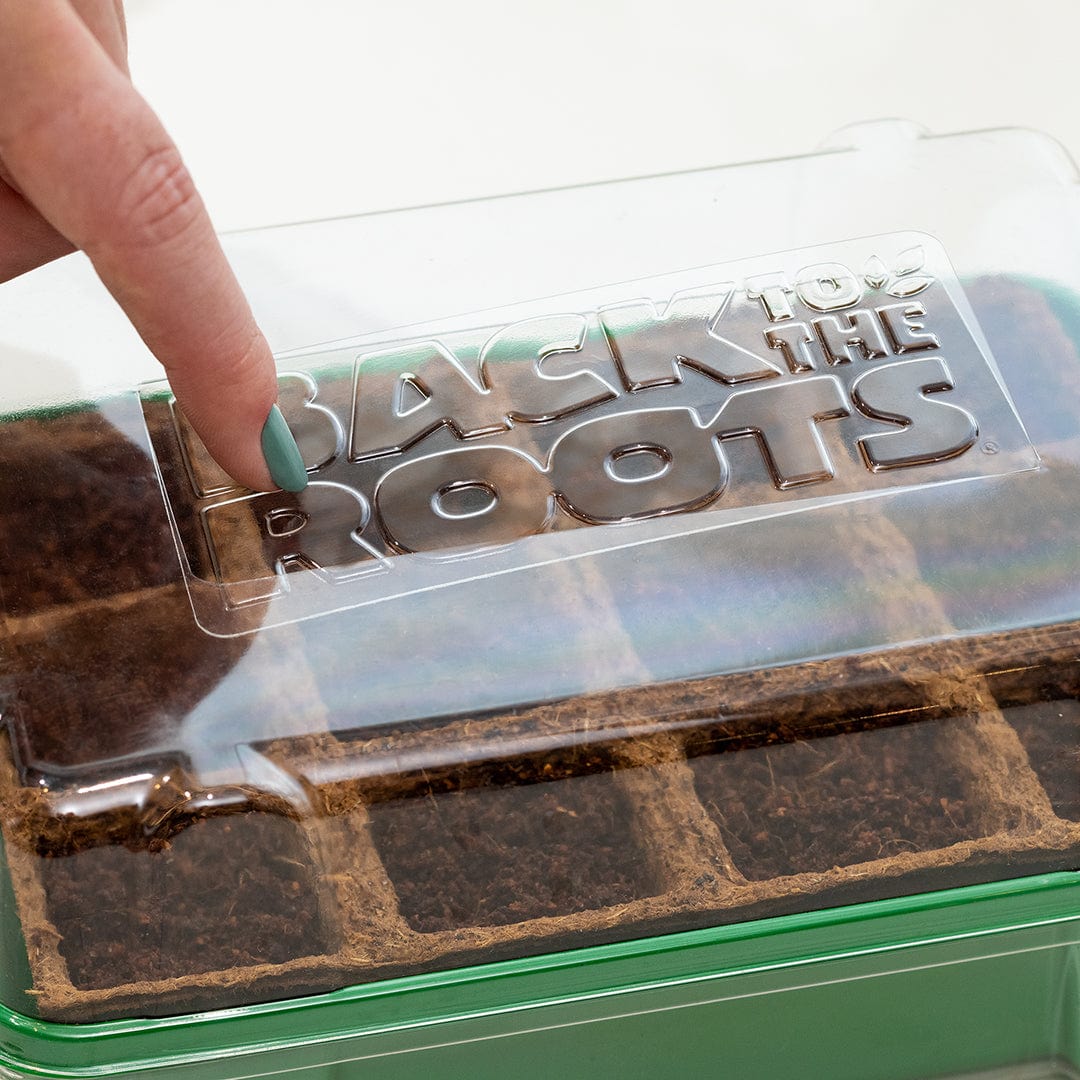 Greenhouse germination kit with clear lid labeled "Grow the Roots" and 12 soil-filled cells. - Greenhouse Germination Kit (Organic & Plantable, 12-Cell Tray) - Default Title - Back to the Roots
