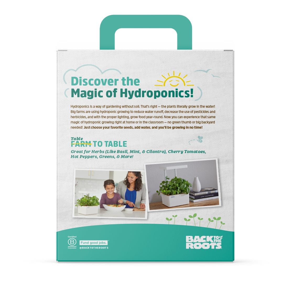 Back to the Roots LED Indoor Garden kit packaging with instructional text and photos of growing herbs in a home setting. - Online Exclusive: Back to the Roots LED Indoor Garden - Default Title - Back to the Roots