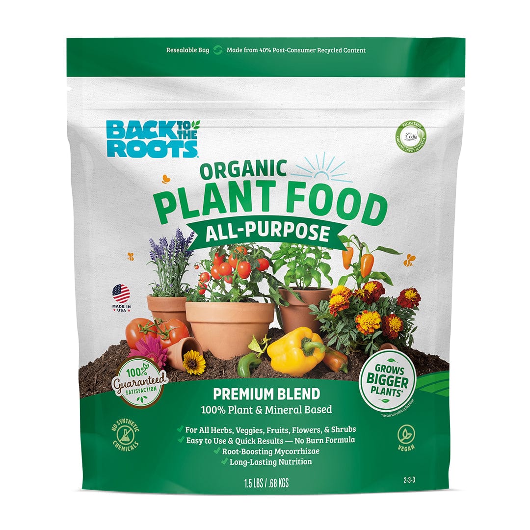 A bag of Back to the Roots Natural & Organic ALL-PURPOSE Plant Food, a premium plant- and mineral-based blend for all plants, featuring images of vegetables and flowers on the packaging.