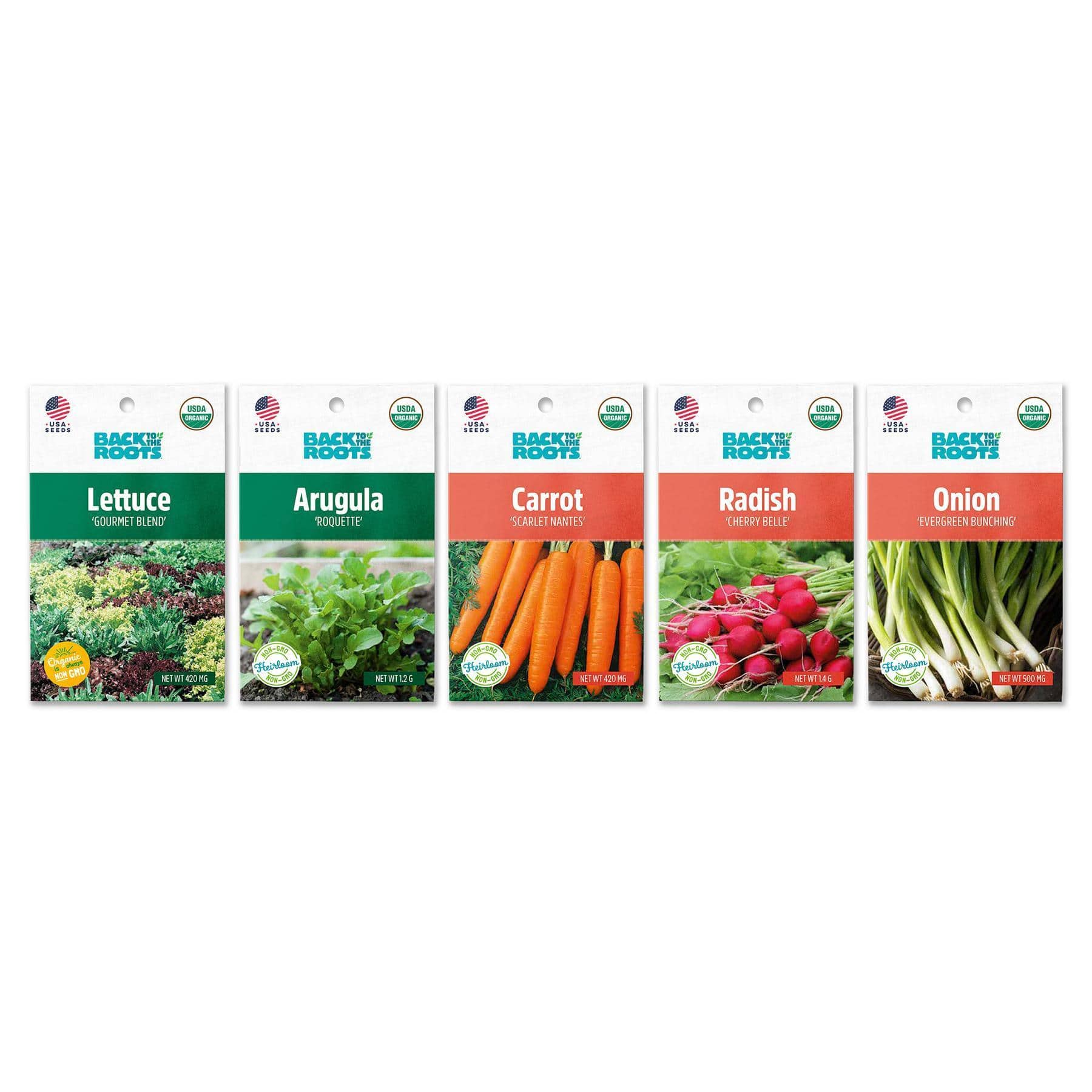Five organic seed packets for lettuce, arugula, carrot, radish, and onion arranged side by side. - Organic Fall Quick-Harvest 5-Pack - Default Title - Back to the Roots
