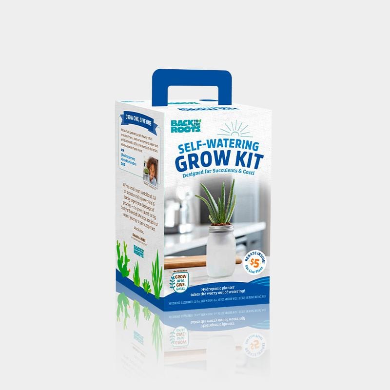 A box labeled "SELF-WATERING GROW KIT - SUCCULENTS & CACTI" by Back to the Roots, featuring a potted plant in a self-watering planter with a blue handle and product info, set against a light gray background.