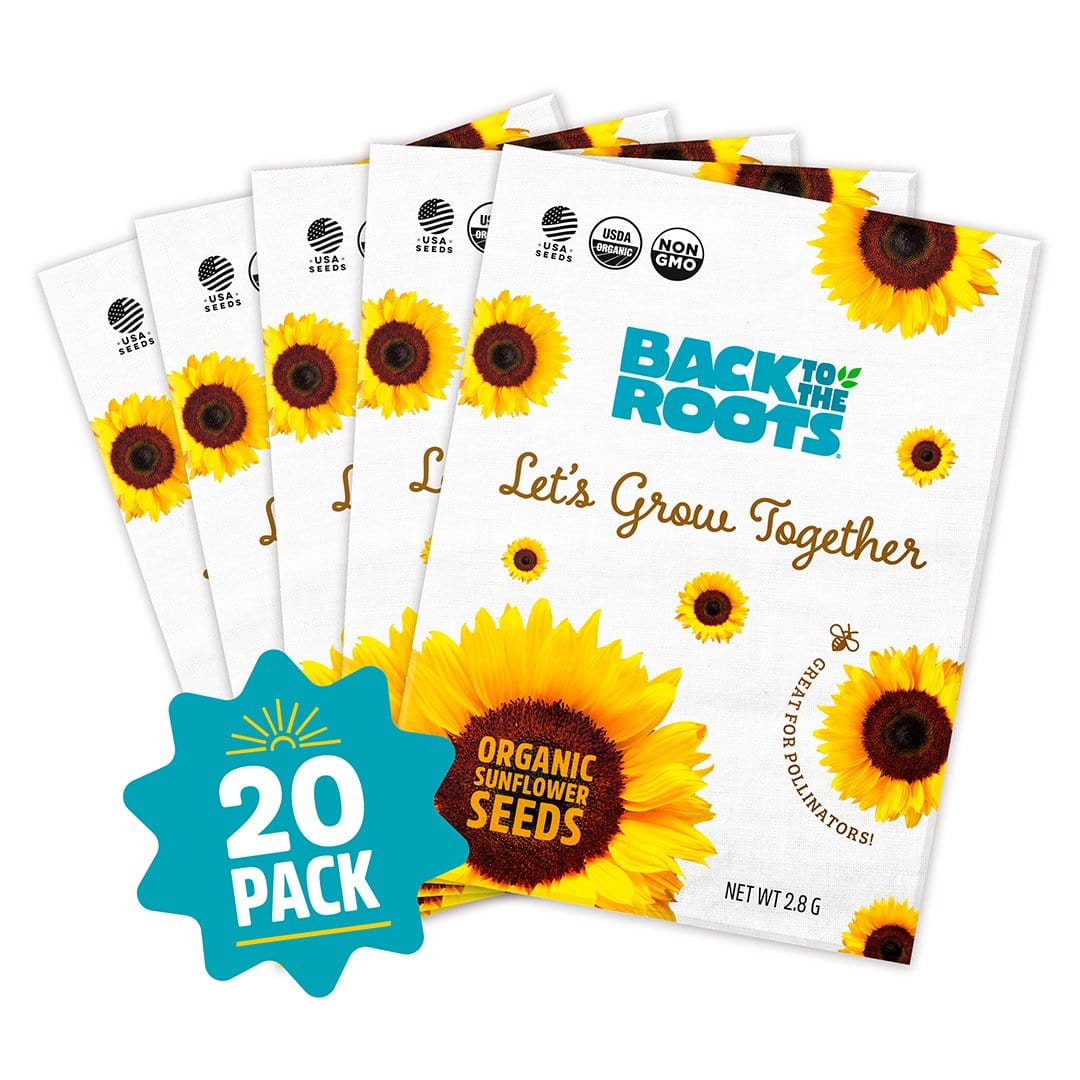 Back to the Roots Organic Sunflower Seeds Value-Pack (20 Packets) features vibrant sunflower images on white packaging labeled "Let's Grow Together," showcasing the mammoth grey stripe variety.