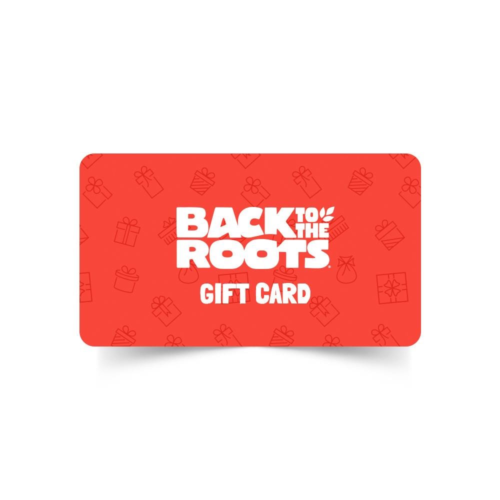 Red gift card with white "Back to the Roots" logo and subtle plant icon pattern background. - Gift Card - $25.00 - Back to the Roots