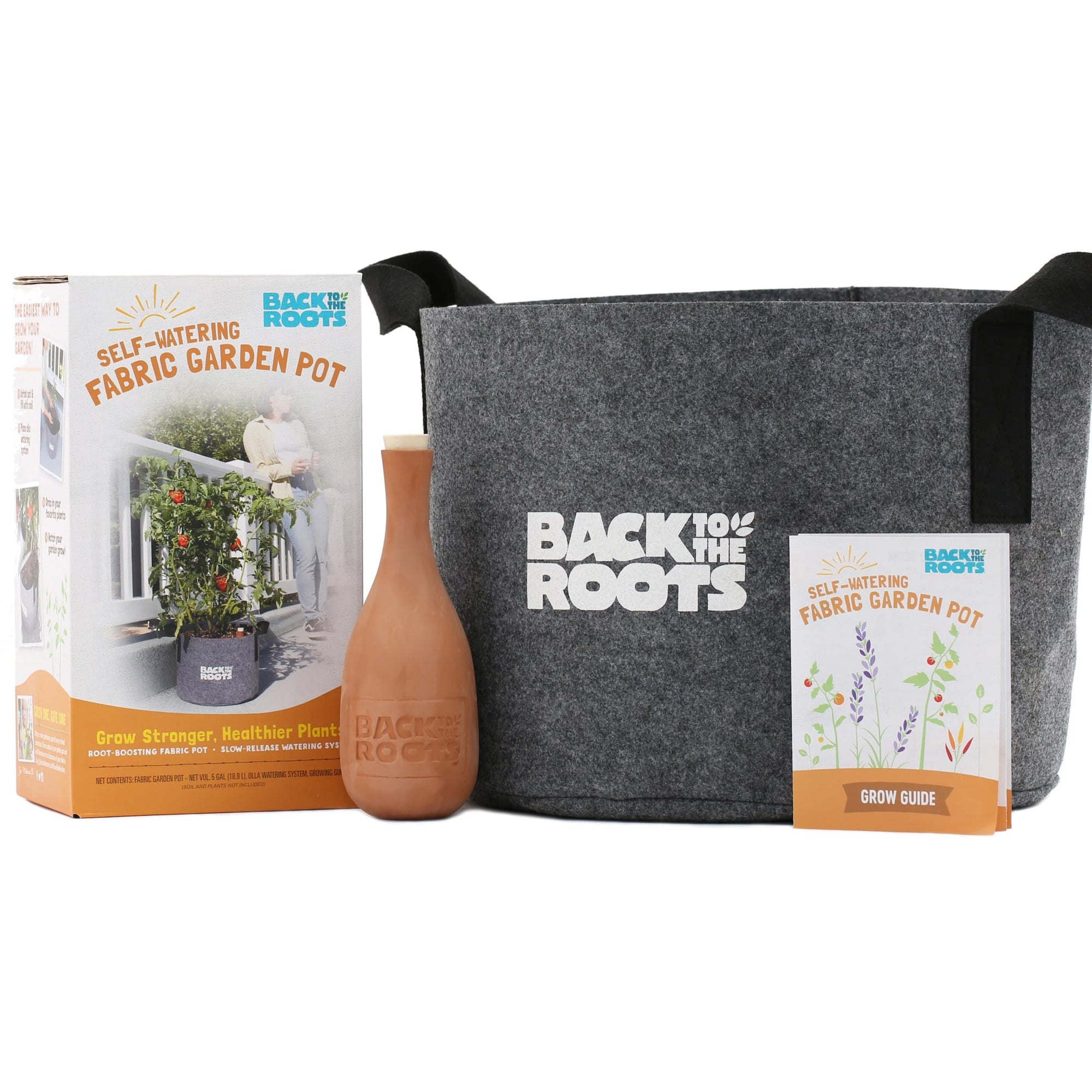 Gray fabric self-watering garden pot with black handles, terra cotta watering spike, and packaging box. - Self-Watering Fabric Garden Pot - Default Title - Back to the Roots