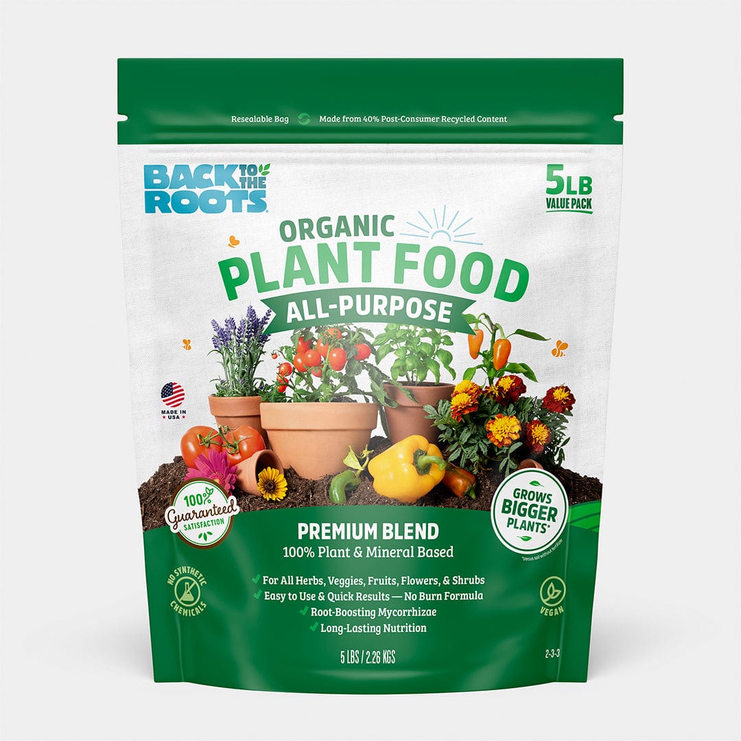 A 5 lb. Value Size bag of Back to the Roots Organic All-Purpose Plant Food uses 100% plant- and mineral-based ingredients to support healthy growth in vegetables and herbs.