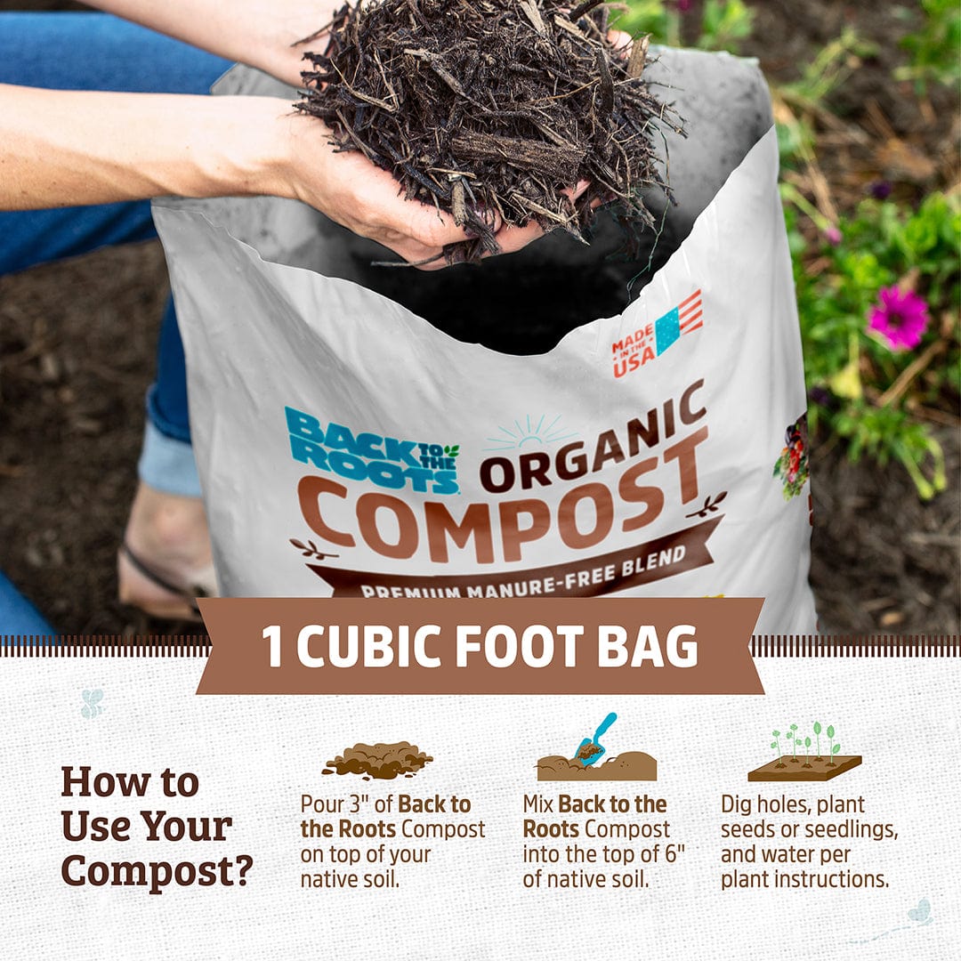 Four gray bags of organic compost with dark brown mulch visible in open bag, outdoor garden setting. - Organic Premium Compost — Manure-Free Blend (1 cu.ft.) 4 Pack — Ready to Use - Default Title - Back to the Roots