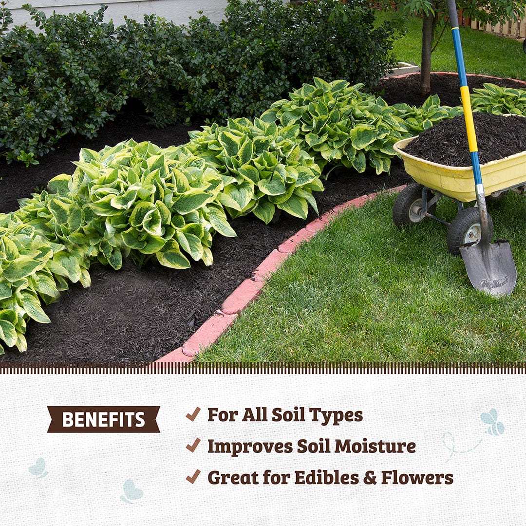 Four black bags of dark, rich organic compost stacked neatly beside a garden bed with green leafy plants and a yellow. - Organic Premium Compost — Manure-Free Blend (1 cu.ft.) 4 Pack — Ready to Use - Default Title - Back to the Roots