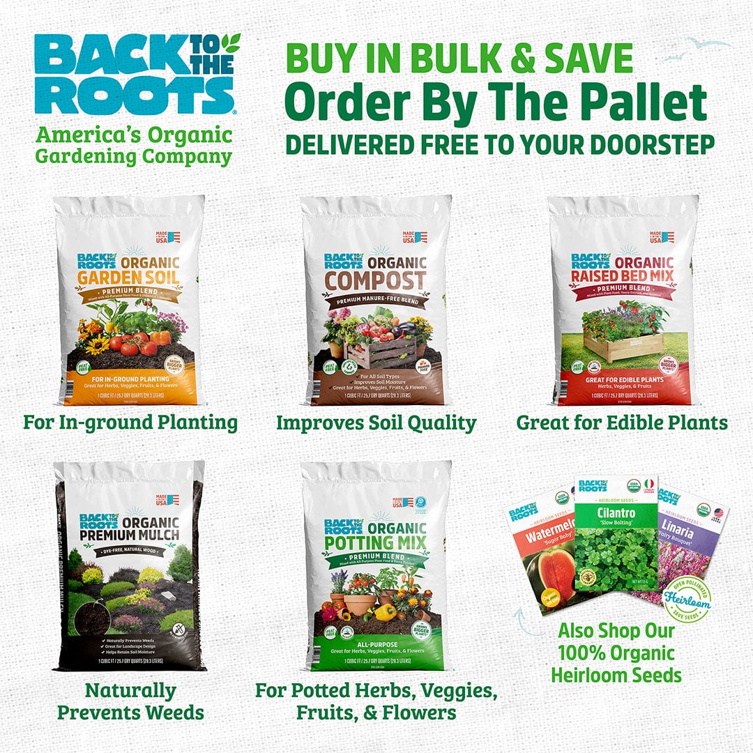 Four white bags of organic premium compost with colorful labels showing plant images and gardening benefits, arranged with. - Organic Premium Compost — Manure-Free Blend (1 cu.ft.) 4 Pack — Ready to Use - Default Title - Back to the Roots