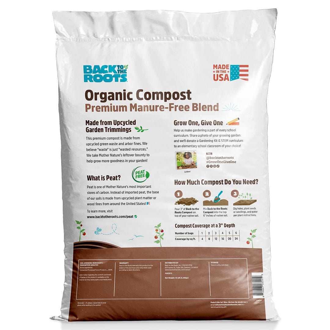 White and brown bag of organic premium manure-free compost with green and orange text and Back to the Roots logo. - Organic Premium Compost — Manure-Free Blend (1 cu.ft.) 4 Pack — Ready to Use - Default Title - Back to the Roots