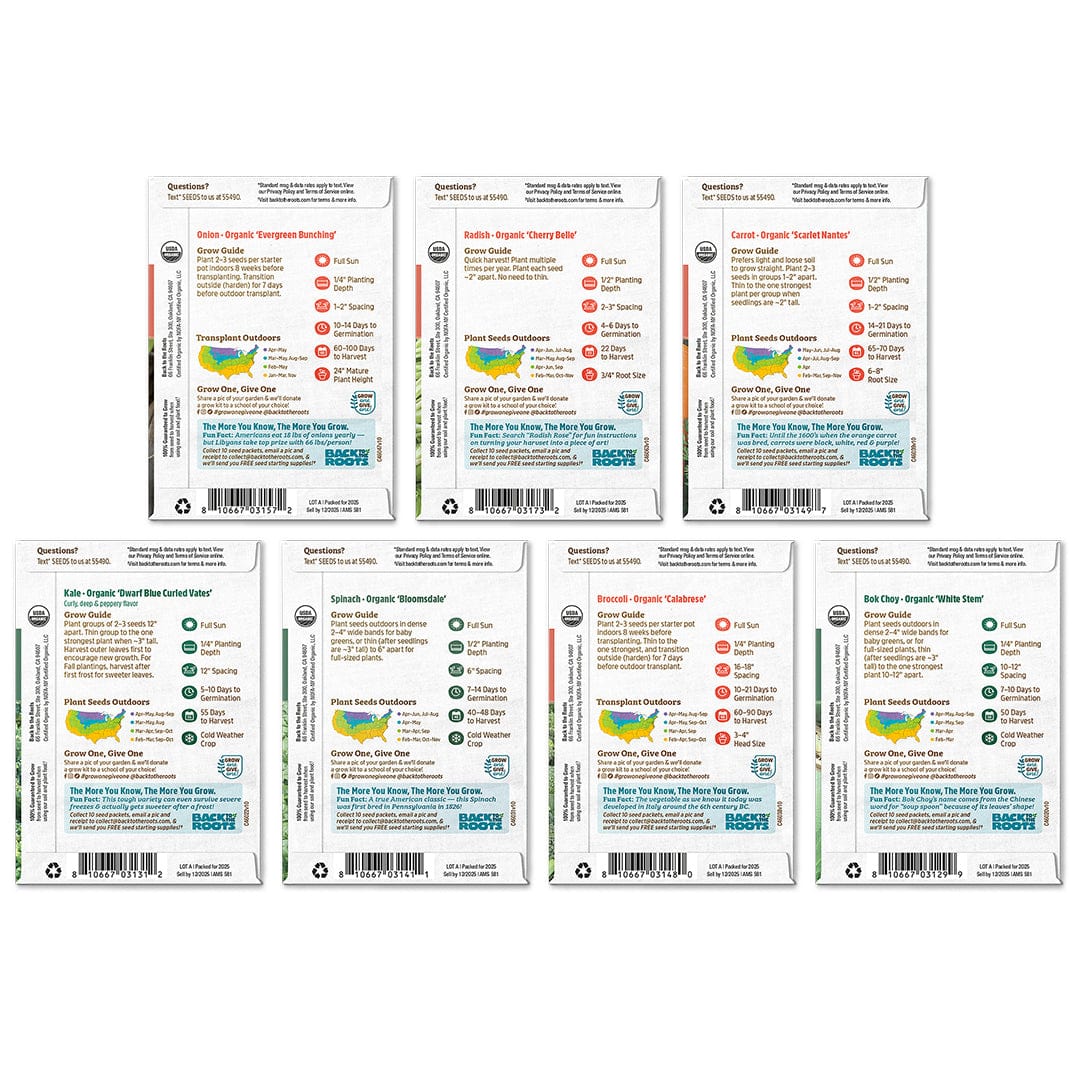 Seven organic seed packets with colorful vegetable illustrations arranged in two rows against white background. - Winter Veggies Organic Seed Bundle - Default Title - Back to the Roots