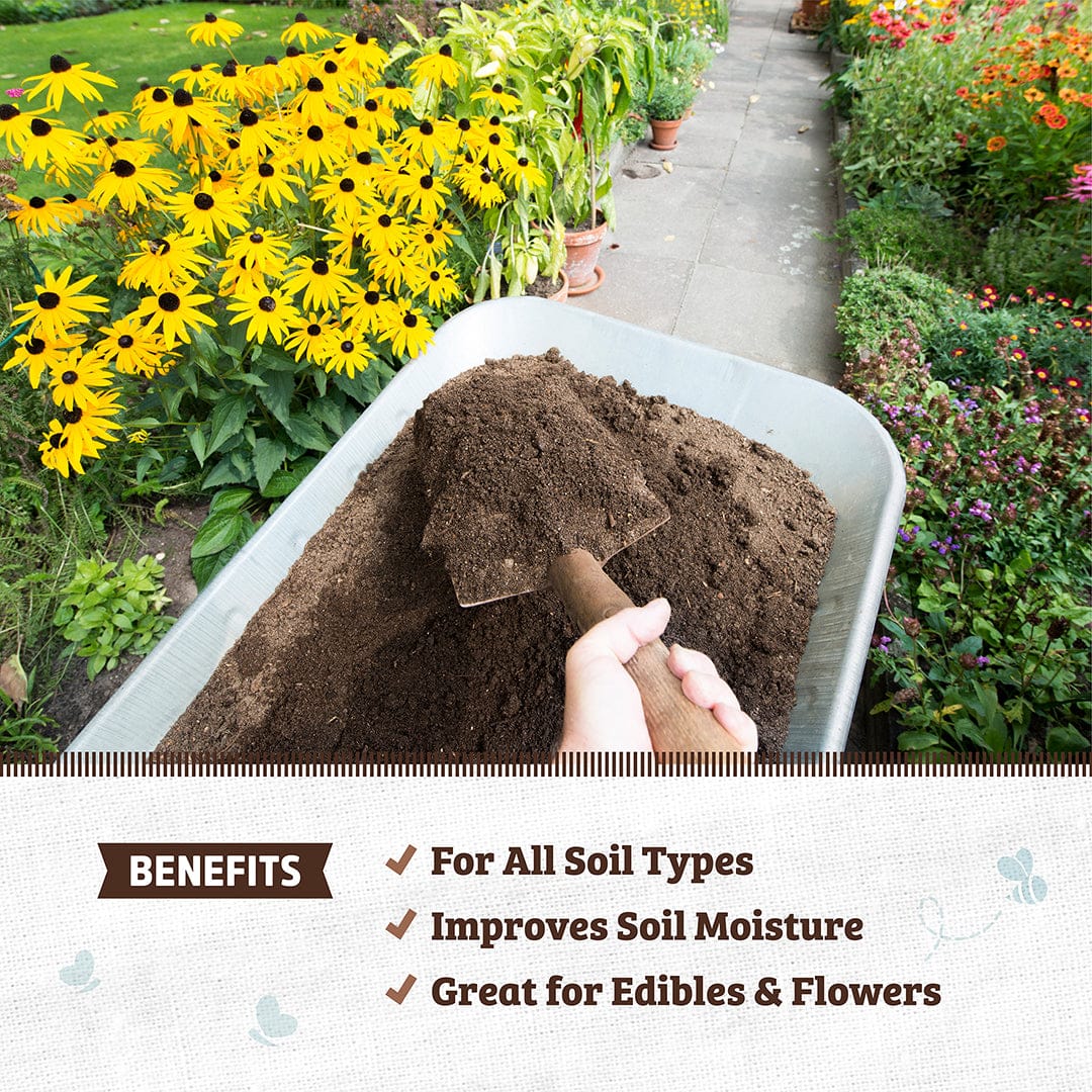 A gardener uses a trowel to spread Back to the Roots Organic Compost: Bulk Truckload (44 cubic yards) from a wheelbarrow in a garden with yellow flowers and potted plants; text highlights soil benefits.