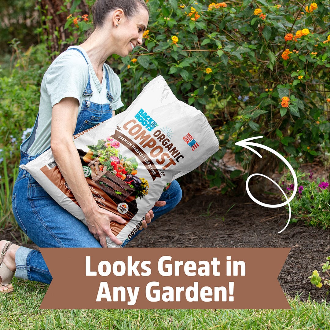 A woman kneels in a garden, holding a bag of Back to the Roots Organic Premium Compost — Manure-Free Blend (1 cu.ft.), Ready to Use. Text overlay: "Looks Great in Any Garden!" with an arrow pointing to plants.