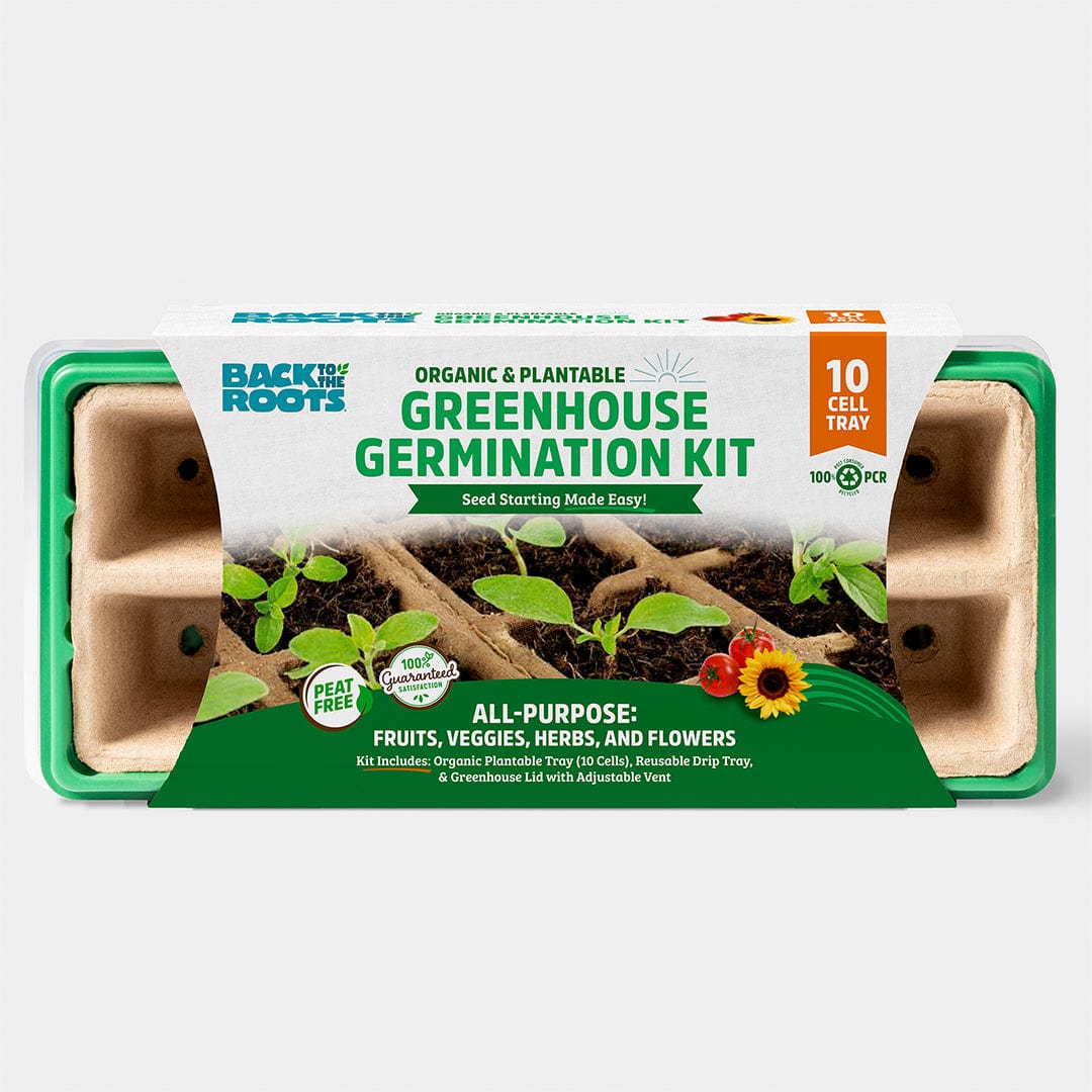 Organic and plantable 10-cell greenhouse germination tray with seed-starting soil pods and wooden marker sticks. - Greenhouse Germination Kit (Organic & Plantable, 10-Cell Tray) - Default Title - Back to the Roots
