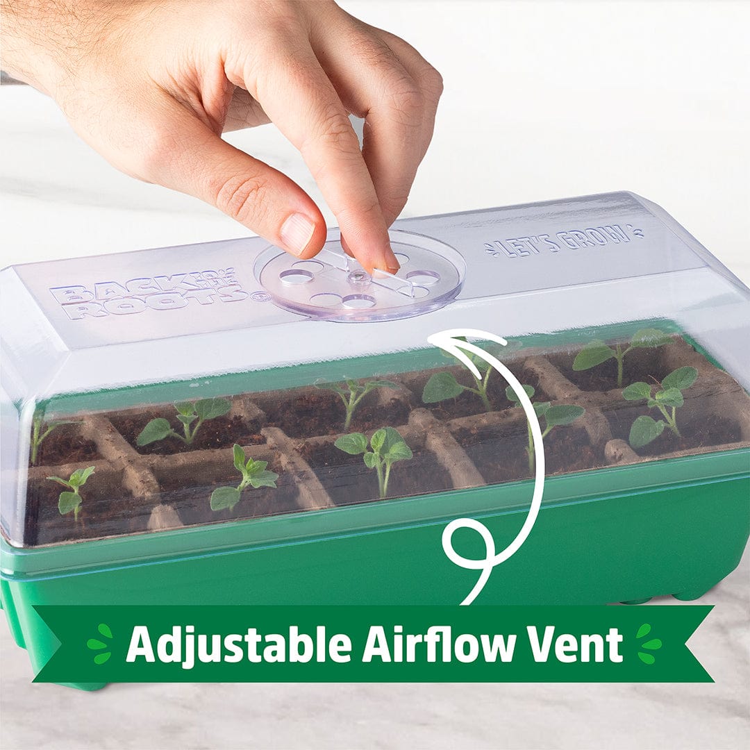 Green germination tray with clear adjustable airflow vent lid and young seedlings in all cells. - Greenhouse Germination Kit (Organic & Plantable, 10-Cell Tray) - Default Title - Back to the Roots