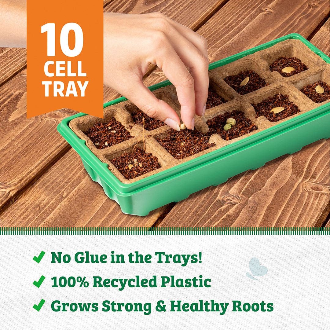 Green 10-cell germination tray with soil and hand planting seeds on wooden surface. - Greenhouse Germination Kit (Organic & Plantable, 10-Cell Tray) - Default Title - Back to the Roots