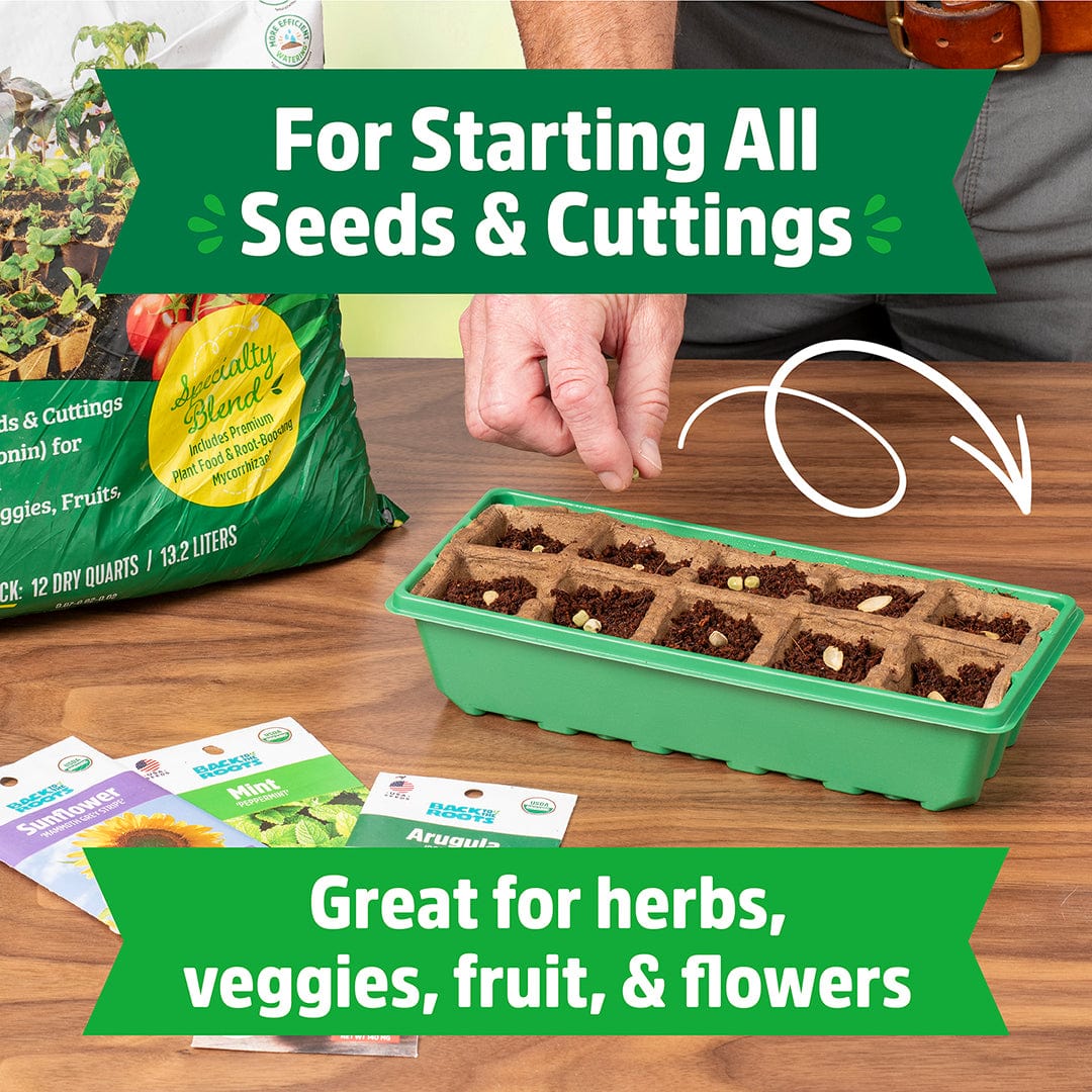 Green 10-cell organic germination tray with soil pods next to seed packets and potting mix bag on wooden table. - Greenhouse Germination Kit (Organic & Plantable, 10-Cell Tray) - Default Title - Back to the Roots