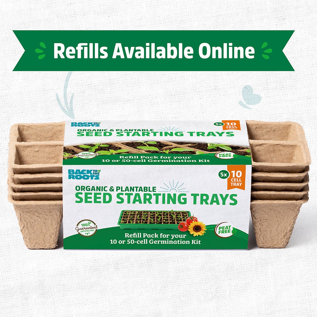 Stack of 10 organic, biodegradable, plantable seed starting trays with green and white label. - Greenhouse Germination Kit (Organic & Plantable, 10-Cell Tray) - Default Title - Back to the Roots