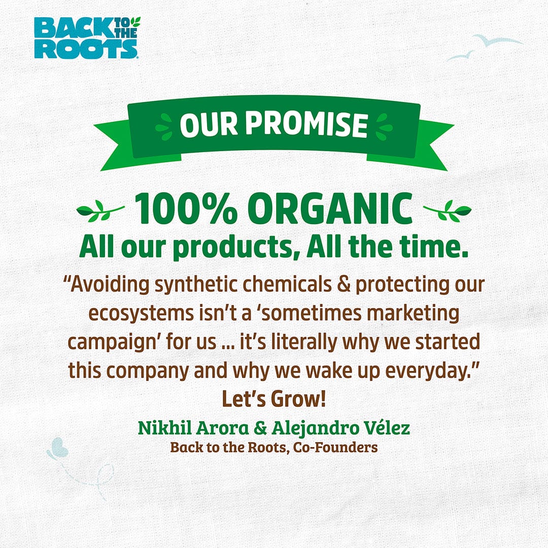 Green and white graphic with text promoting 100% organic compost, emphasizing chemical-free, eco-friendly promise. - Organic Premium Compost — Manure-Free Blend (1 cu.ft.) 4 Pack — Ready to Use - Default Title - Back to the Roots