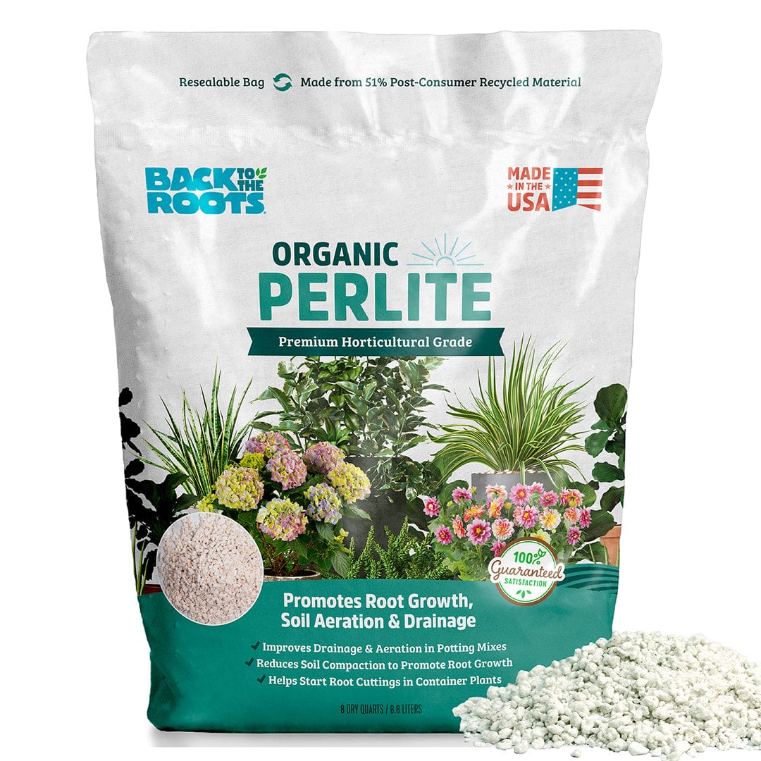 Back to the Roots Organic Perlite - Premium Horticultural Grade (8 Quart) shown with plants and perlite pile, highlights enhanced root growth, improved soil aeration, and better drainage.