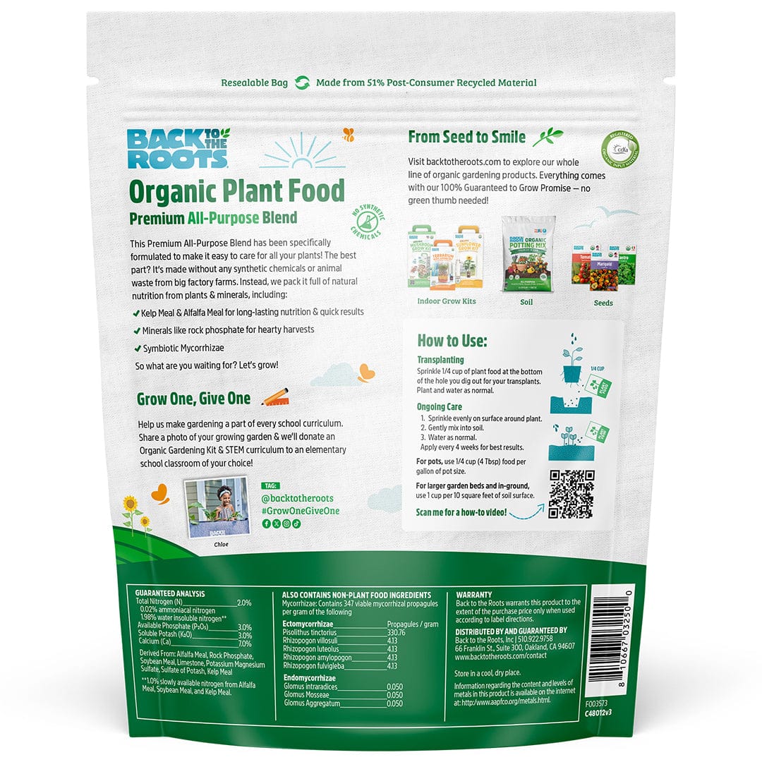 Back of a resealable bag of Back to the Roots Organic All-Purpose Plant Food (5 lb. Value Size), featuring product details, usage instructions, ingredients, and company info in green and white text, including root-boosting mycorrhizae.