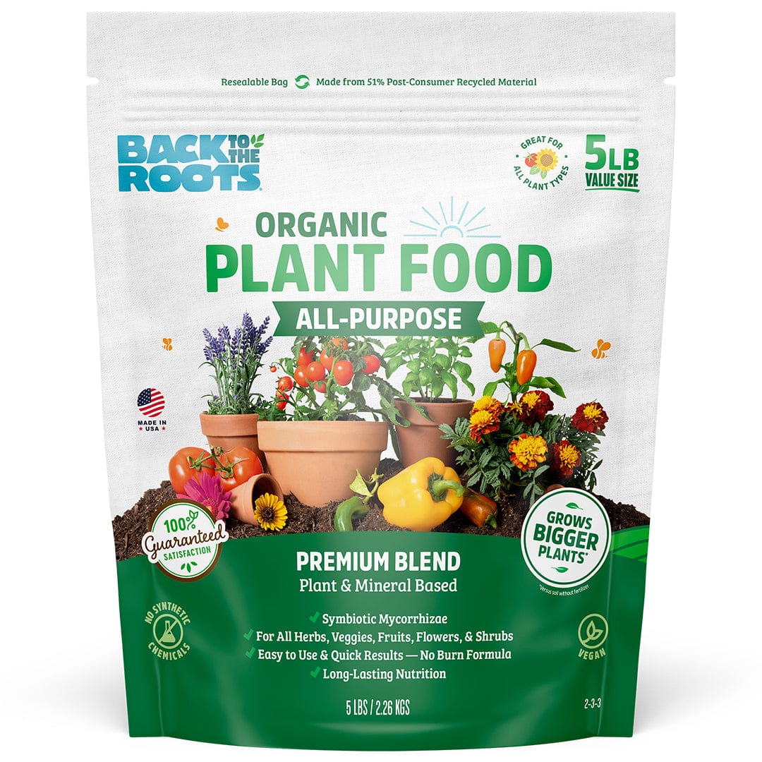 A 5 lb. value size bag of Back to the Roots Organic All-Purpose Plant Food features images of vegetables and herbs on the front, along with claims like premium mix and mycorrhizae.