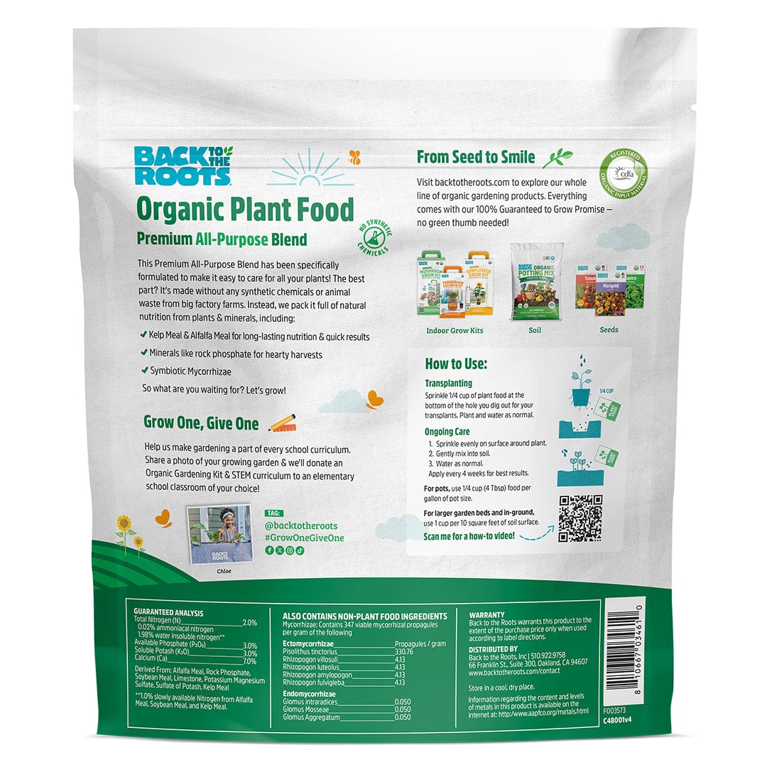 Back of a Back to the Roots Natural & Organic ALL-PURPOSE Plant Food bag, showing product details, usage instructions, key benefits, and ingredient info for this all-purpose natural fertilizer.