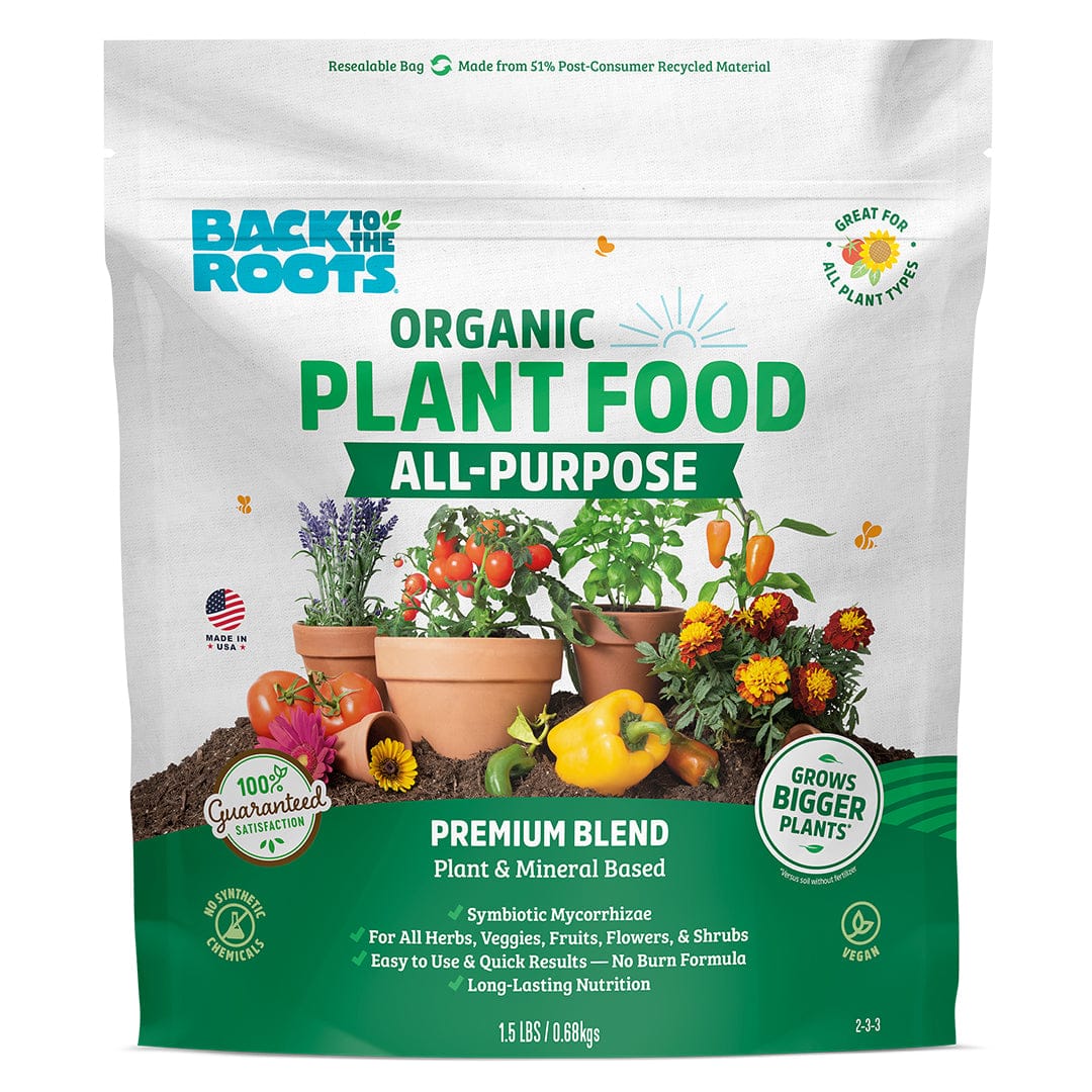 A resealable bag of Back to the Roots Natural & Organic ALL-PURPOSE Plant Food, a premium plant food for all plants, with images of vegetables, flowers, and herbs.