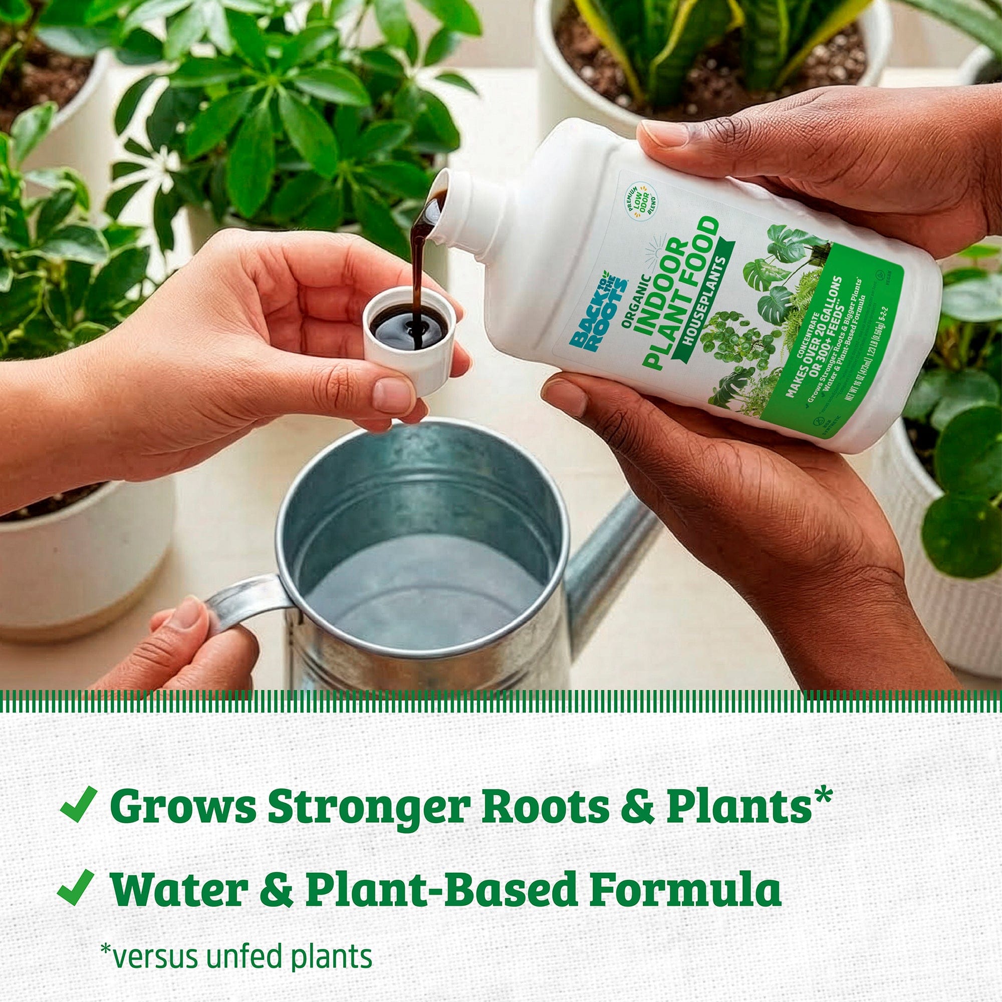 A person pours Back to the Roots Organic Indoor Houseplant Plant Food from a bottle cap into a watering can near potted plants; text highlights strong roots and a water-based, organic formula.
