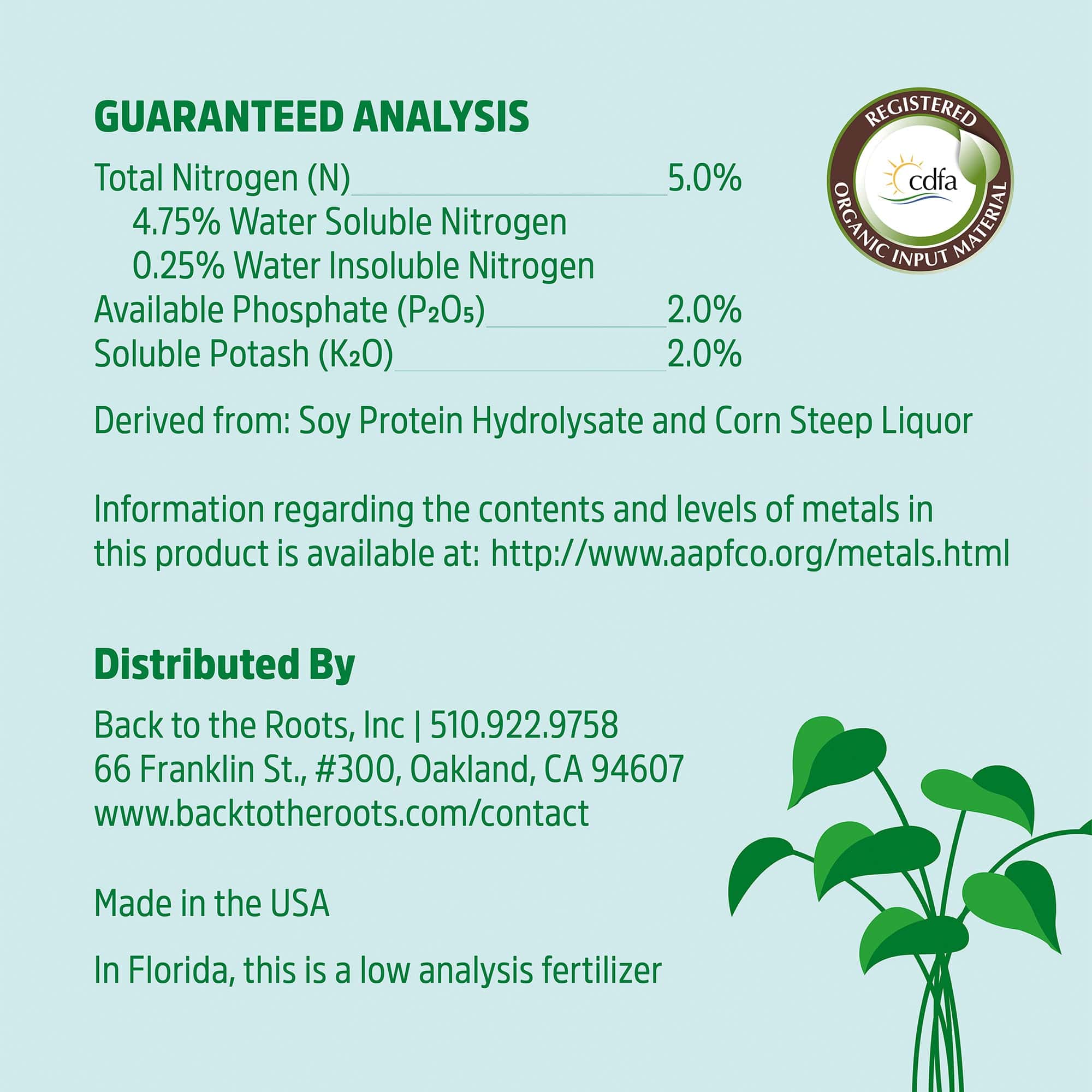 Back to the Roots Organic Indoor Houseplant Plant Food features a guaranteed analysis label with nutrient percentages, plant-based fertilizer ingredients, distributor info, and a CDFA organic input material seal.