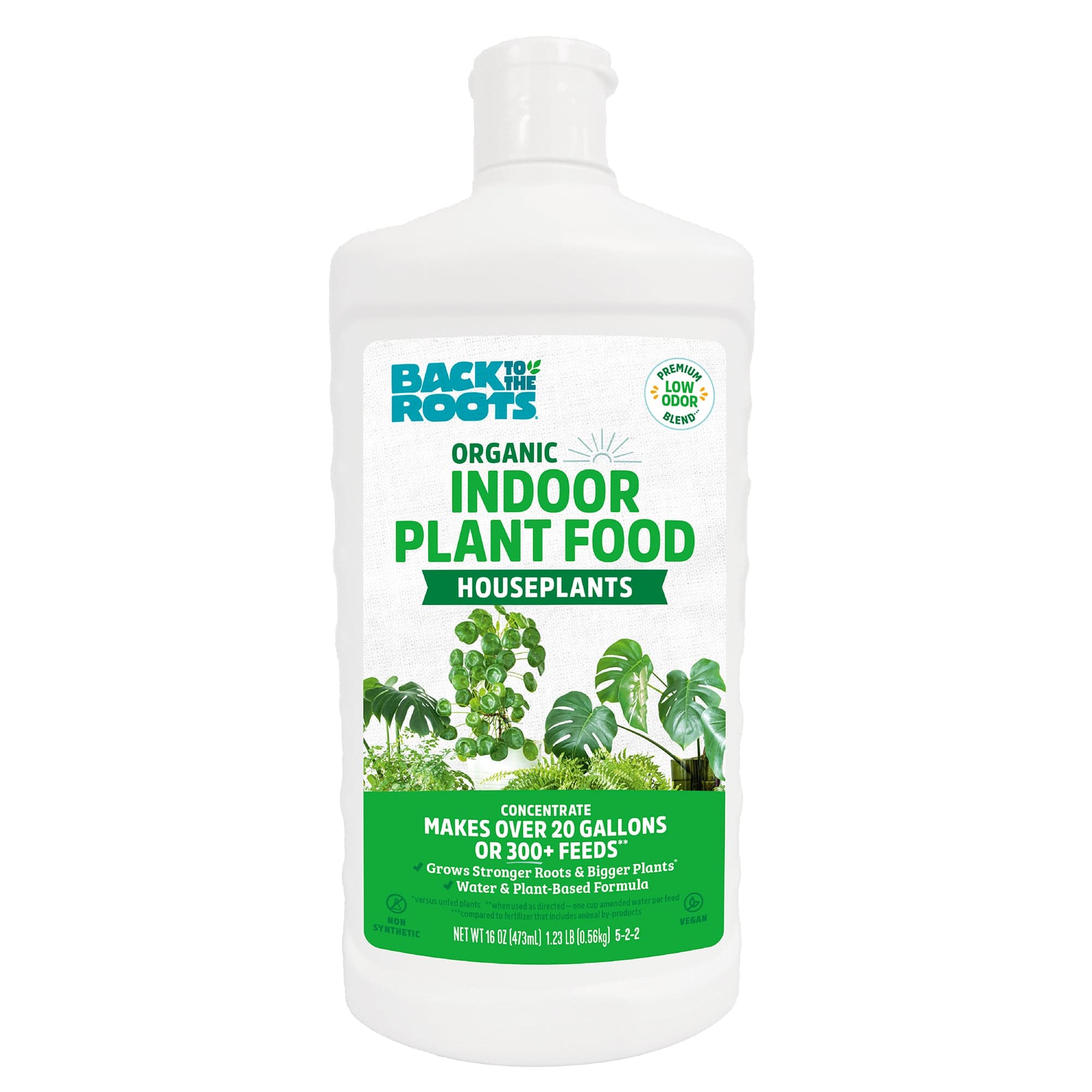 Back to the Roots Organic Indoor Houseplant Plant Food is a plant-based, non-toxic fertilizer with a white label, green text, and plant images—perfect and safe for all your indoor greenery.