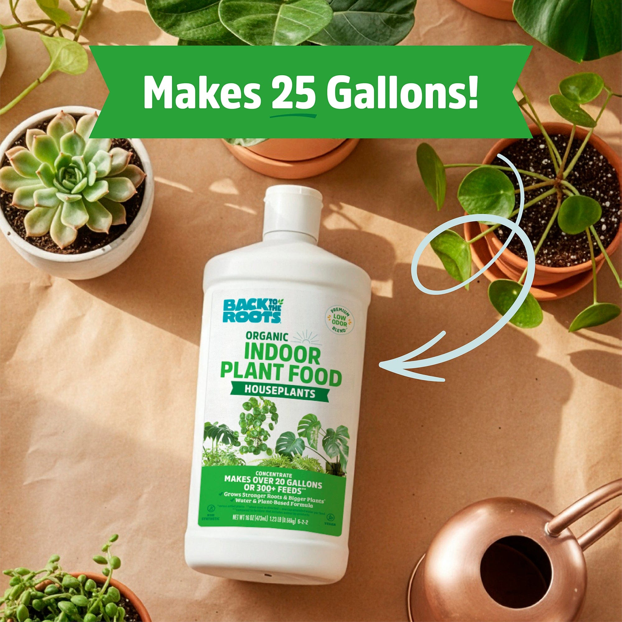 A bottle of Back to the Roots Organic Indoor Houseplant Plant Food rests on a table among potted plants, with a banner above that reads "Makes 25 Gallons!.