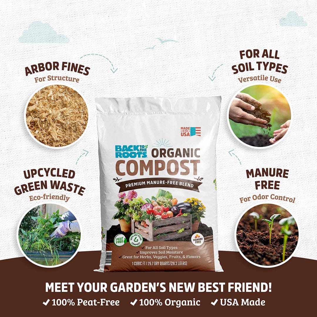 Four white bags of organic premium compost with green and brown labeling, featuring images of soil, plants, and eco-friendly - Organic Premium Compost — Manure-Free Blend (1 cu.ft.) 4 Pack — Ready to Use - Default Title - Back to the Roots