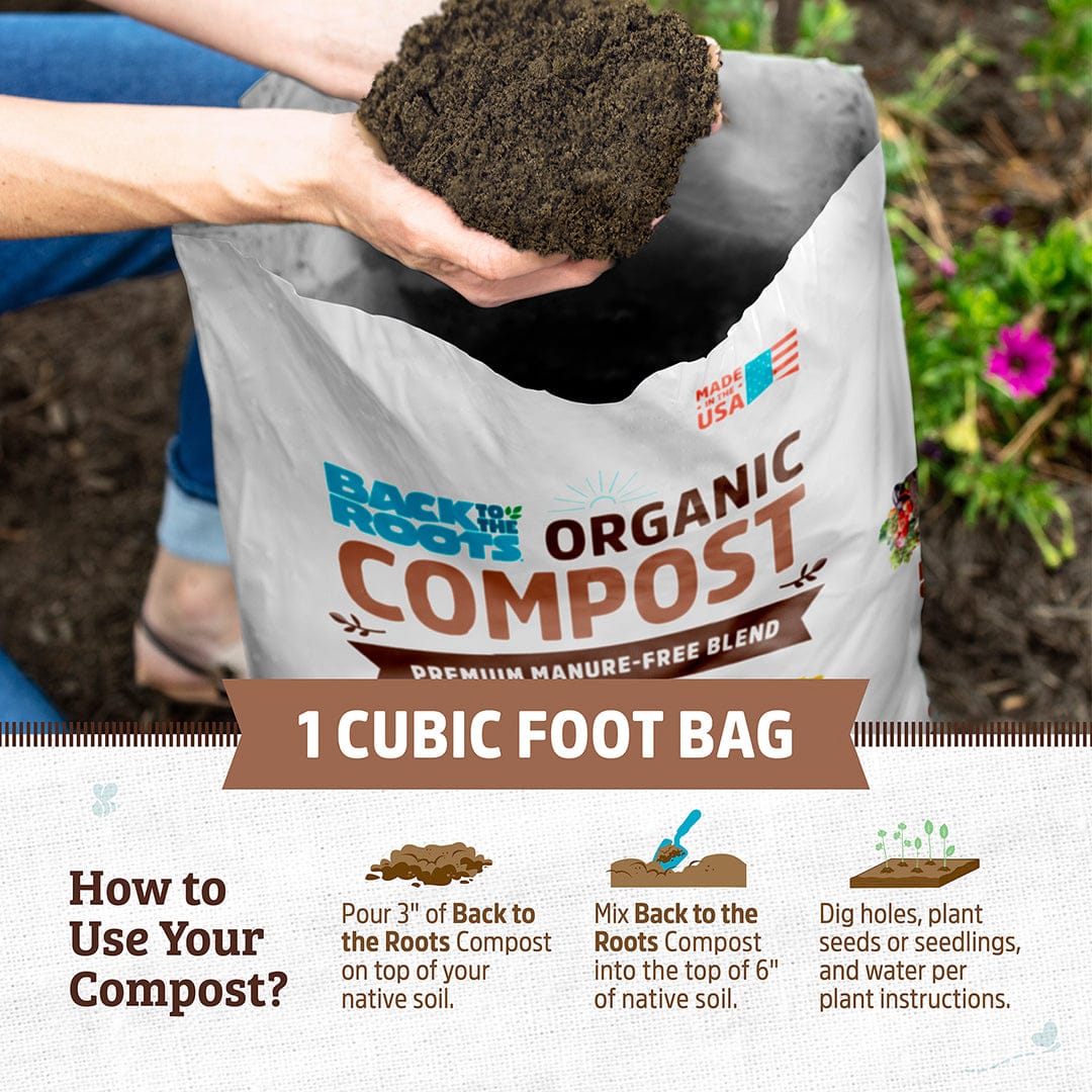 A person adds soil to a Back to the Roots Organic Premium Compost — Manure-Free Blend (1 cu.ft.) 10 Pack. Instructions explain how to use this ready-to-use compost for planting seeds or seedlings.