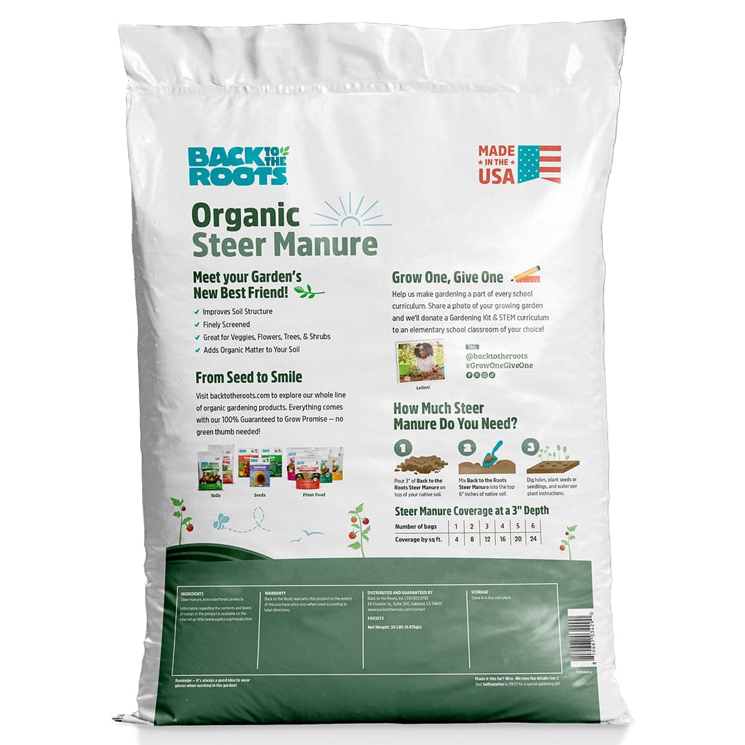 White and green bag of organic steer manure with text and illustrations, made in USA label visible. - Organic Bulk Steer Manure (30 1 cu.ft. Bags) - Default Title - Back to the Roots
