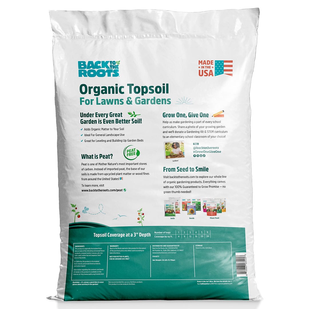 White plastic bag labeled "Organic Topsoil" with green and black text, 1 cubic foot size, designed for lawns and gardens. - Organic Bulk Topsoil (30 1 cu.ft. Bags) - Default Title - Back to the Roots