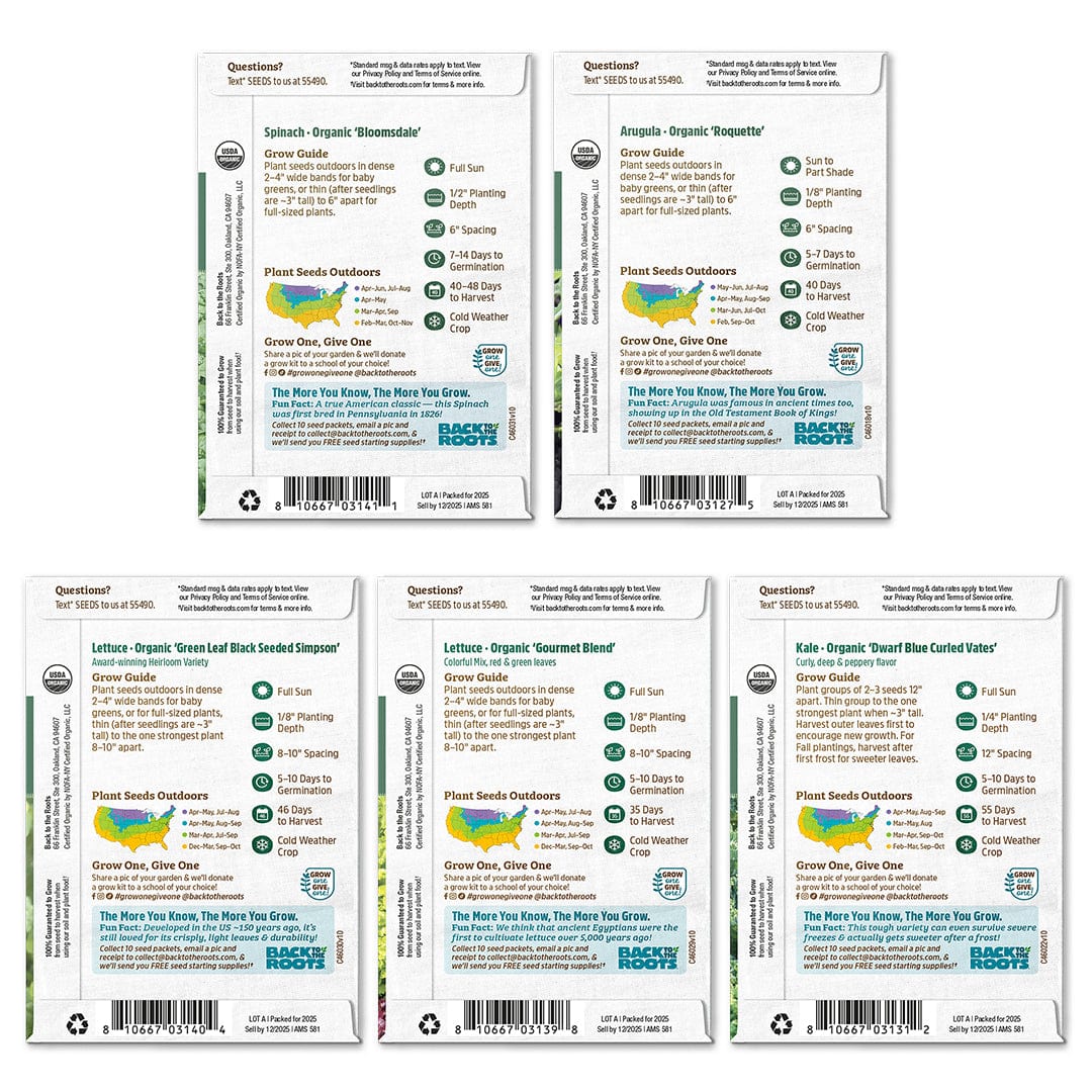 Five organic seed packets for leafy greens with planting tips and colorful growing maps on white backgrounds. - Leafy Greens Seeds 5-Pack Organic Seed Bundle - Default Title - Back to the Roots