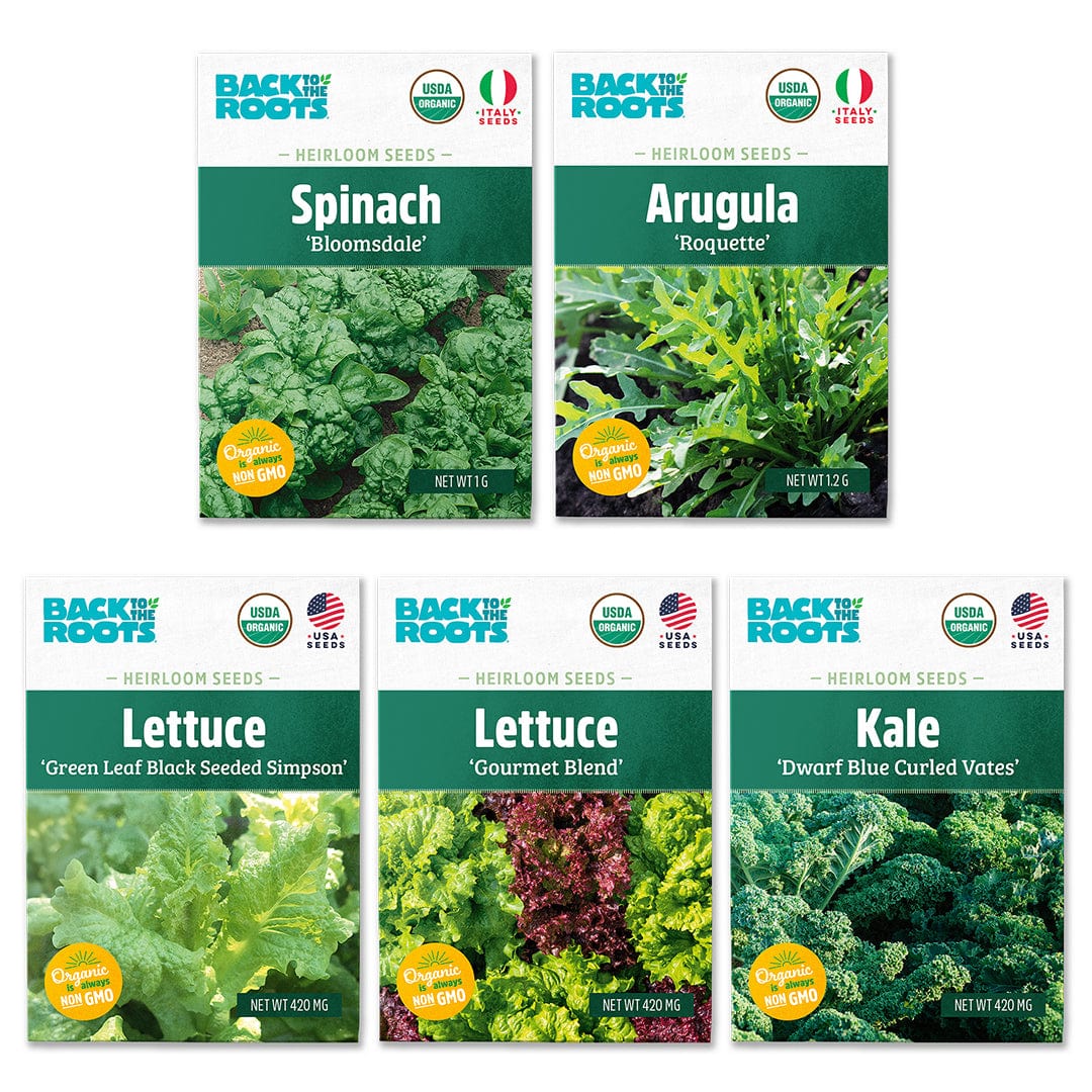 Five organic seed packets featuring Spinach Bloomsdale, Arugula Roquette, Green Leaf Sliced Simpson Lettuce, Gourmet Blend. - Leafy Greens Seeds 5-Pack Organic Seed Bundle - Default Title - Back to the Roots