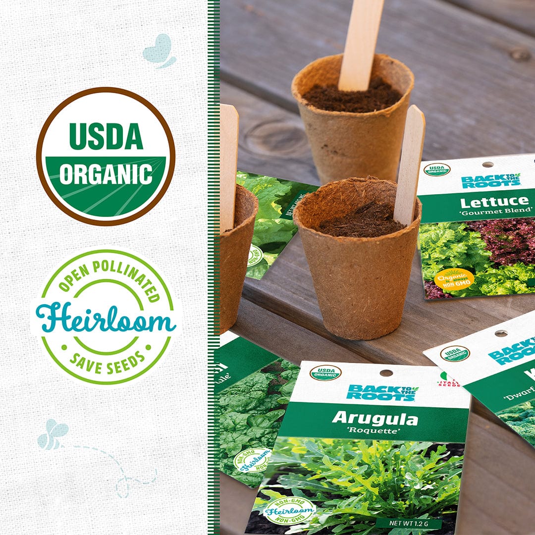 Organic leafy greens seed packets including arugula and lettuce, with biodegradable seed starter pots and wooden plant. - Leafy Greens Seeds 5-Pack Organic Seed Bundle - Default Title - Back to the Roots