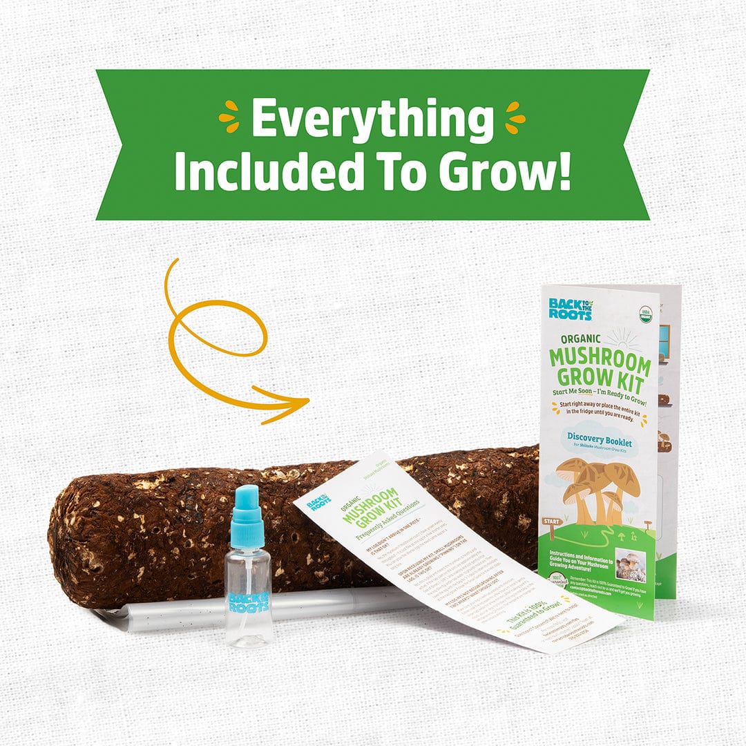 Organic shiitake mushroom grow kit with inoculated log, spray bottle, instruction sheet, and packaging box. - Organic Shiitake Mushroom Kit (START GROWING RIGHT AWAY) - Default Title - Back to the Roots