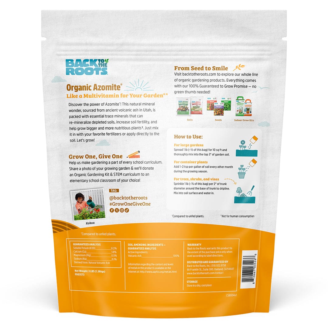 Back of a Back to the Roots Organic Azomite (3lb) bag, showing product details, usage instructions, trace minerals vital for soil fertility, and info on educational programs.